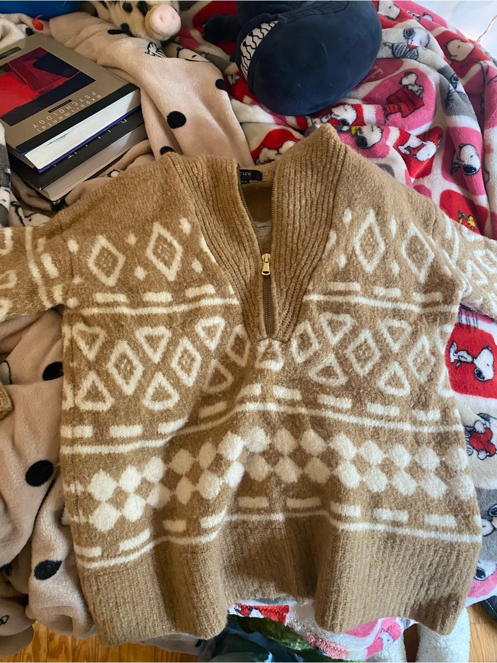J. Crew Tan and Cream Half-Zip Geometric Turtleneck Sweater